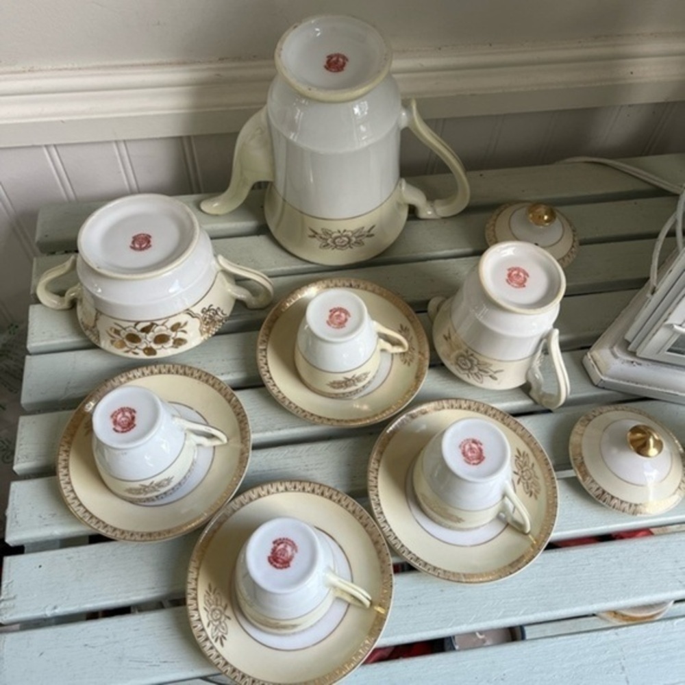 Vintage Chikaramachi Japan Tea Set Teapot, Sugar Dish, Creamer, 4 Cups & Saucers - Picture 12 of 16